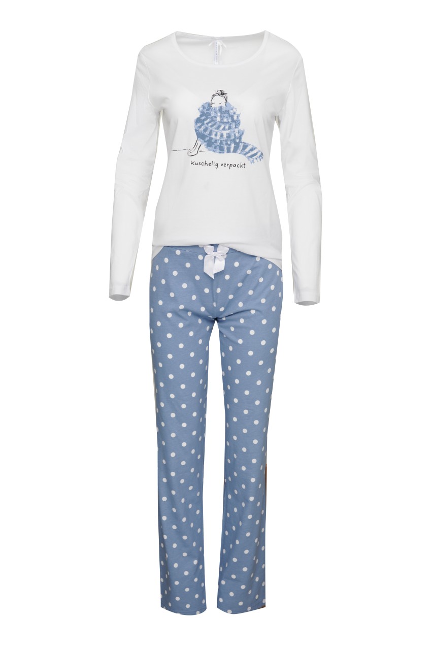 Pyjama Basic Damen "Mädchen mit Schal", weiß / blau allover - Louis & Louisa 